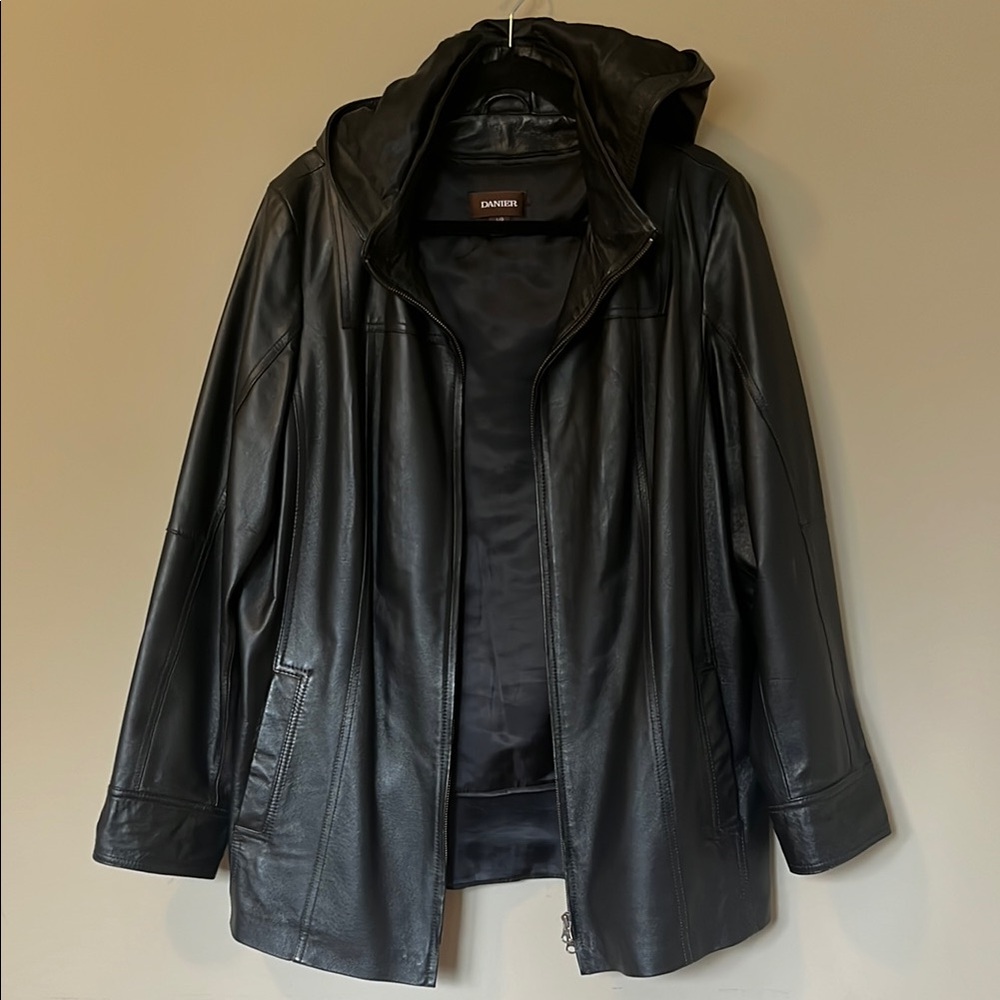 DANIER Black Leather Hooded Jacket for Women Size US L